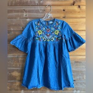 Zara Girls Collection Chambray Floral Embroidered Dress Tunic Little Girl Size 9